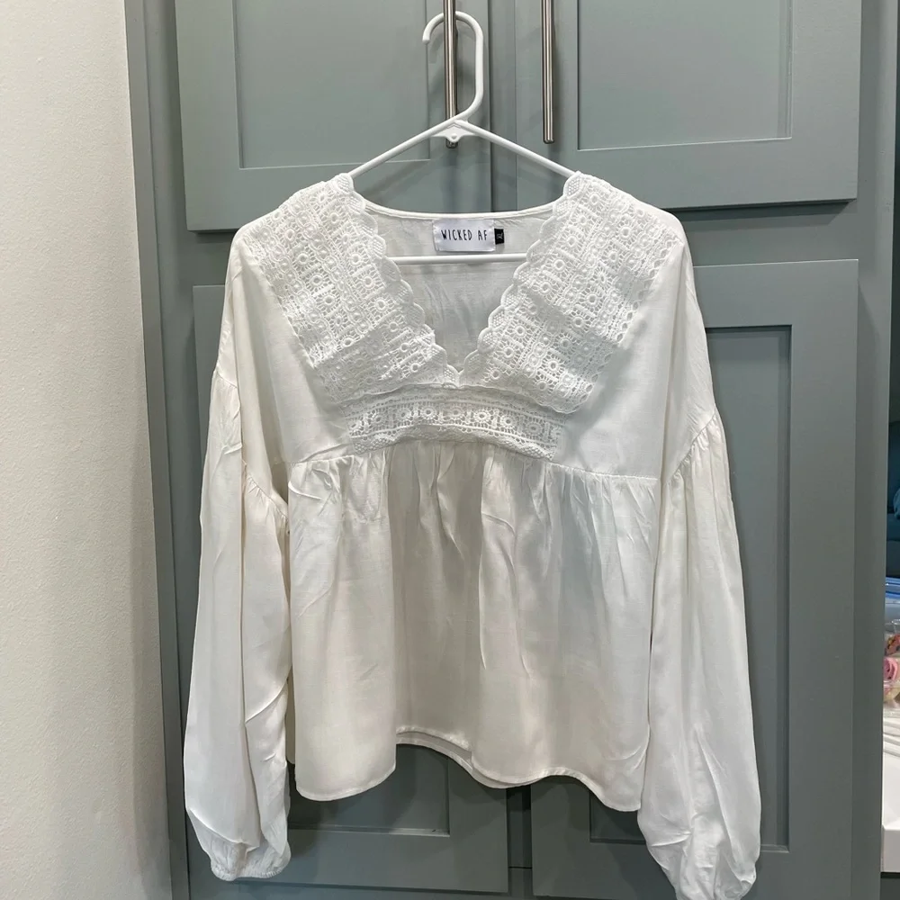 Boho White Crochet Yoke Peasant Top - Picture 6 of 10